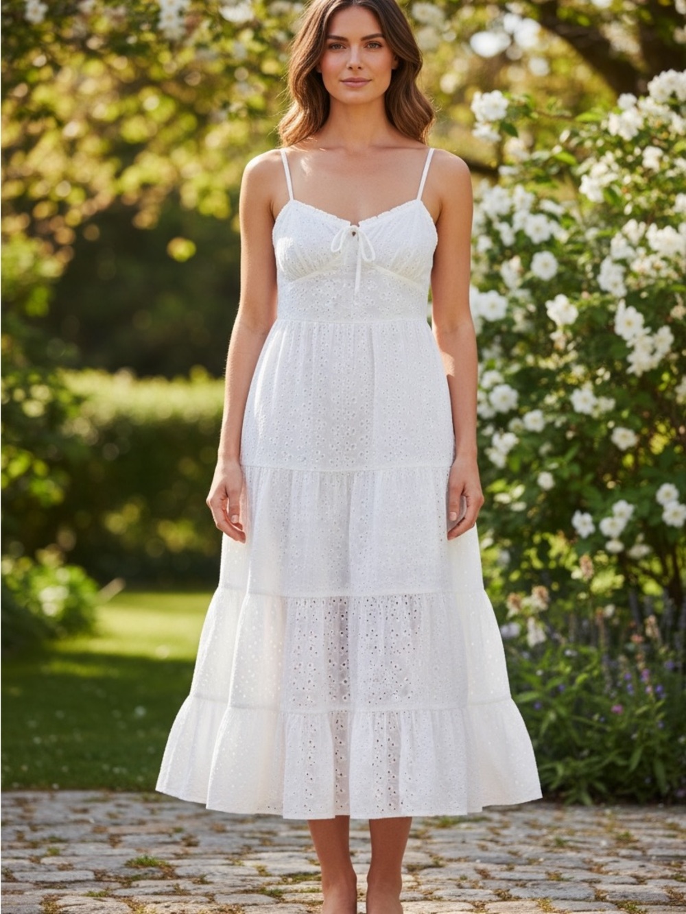 JustFab White Eyelet Tiered Spaghetti Strap Midi Dress